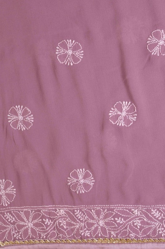 Ada Hand Embroidered Mauve Georgette Lucknowi Chikan Unstitched Kurta Dupatta Set A567447