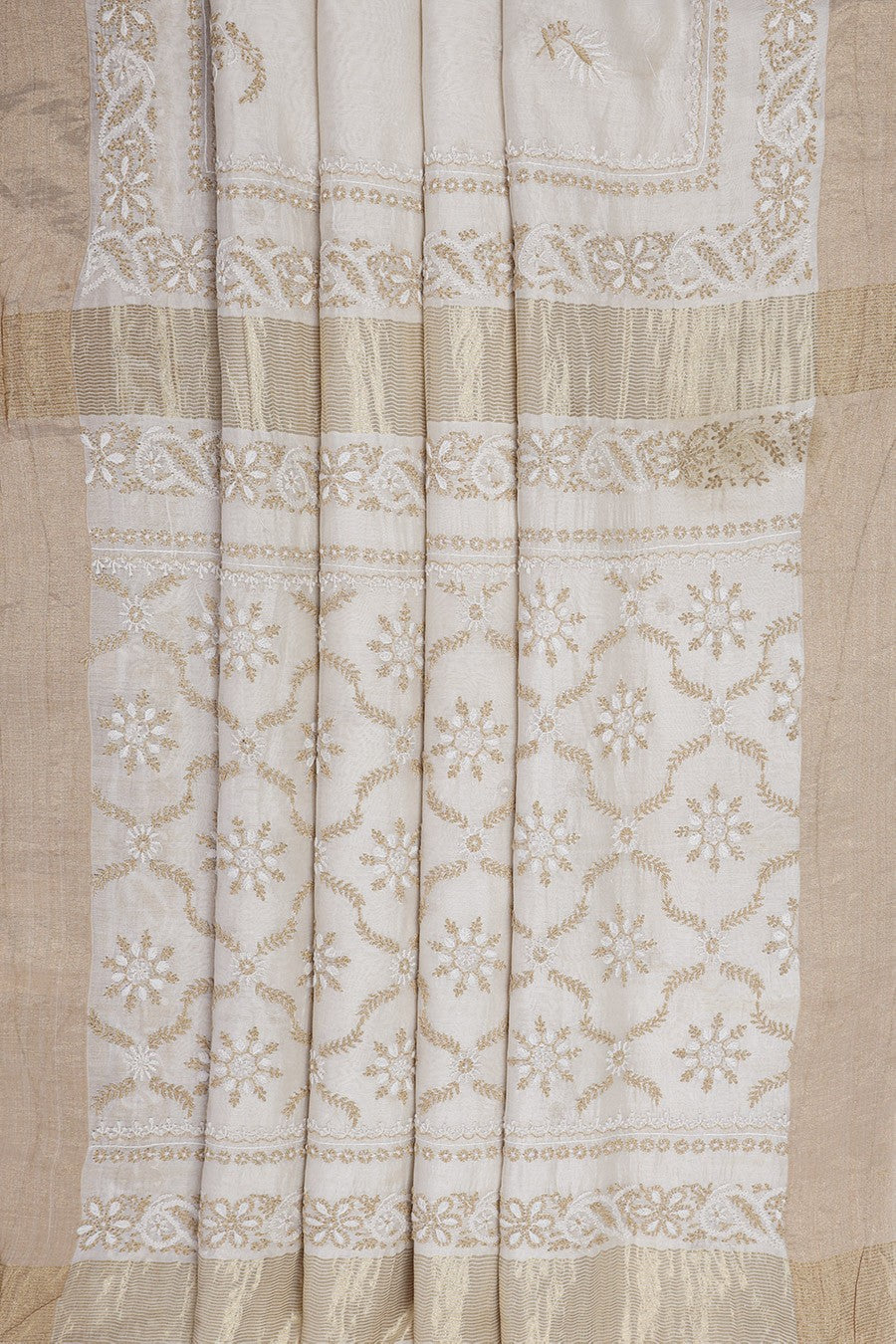 Ada Hand Embroidered Cream Chanderi Lucknowi Chikankari Saree With Blouse A606173