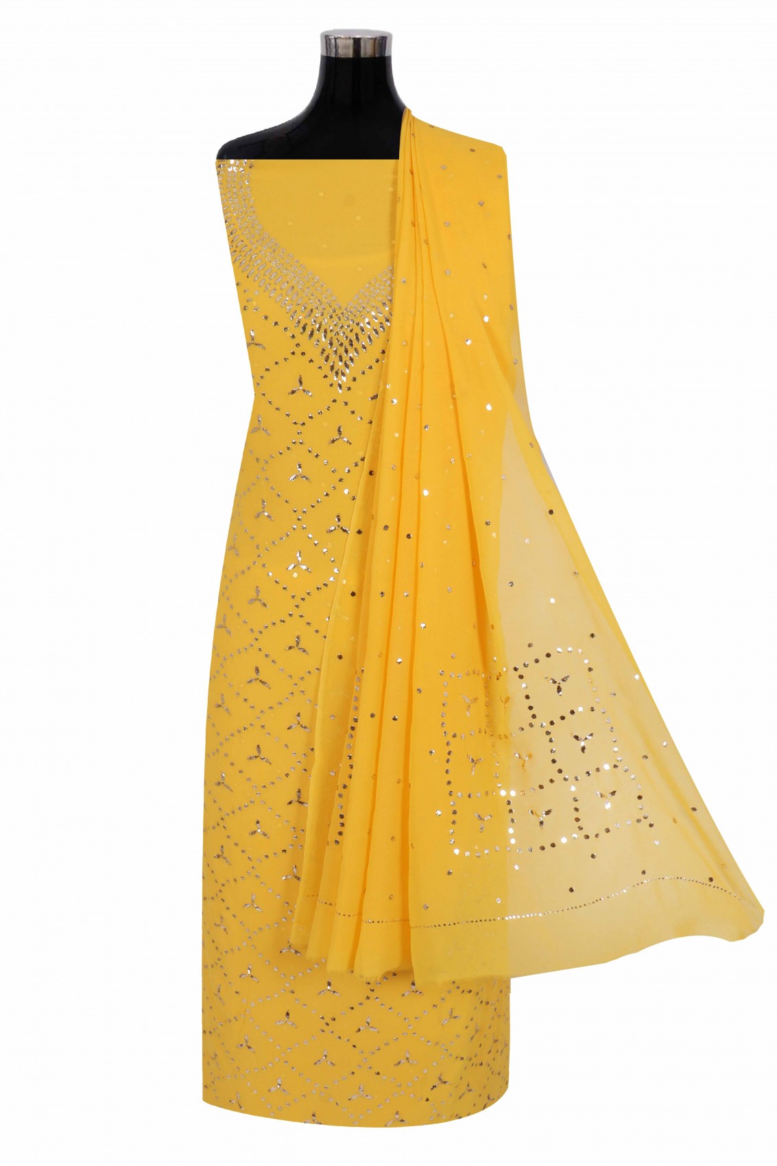 Ada Hand Embroidered Bright Yellow Pure Georgette Lucknowi Chikankari Unstitched Kurta Dupatta Set With Muqaish Work 01A207861