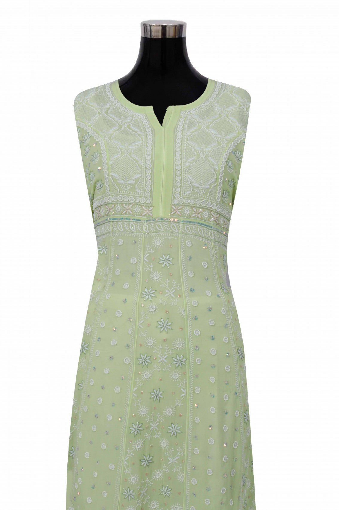 Ada Hand Embroidered Pista Tinge Georgette Lucknowi Chikankari Semi-Stitched Anarkali Kurta Dupatta Set With Pearl Work 01A204834