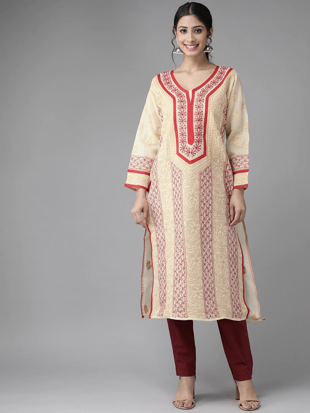 Ada Hand Embroidered Fawn Cotton Lucknow Chikan Straight Kurta A285129