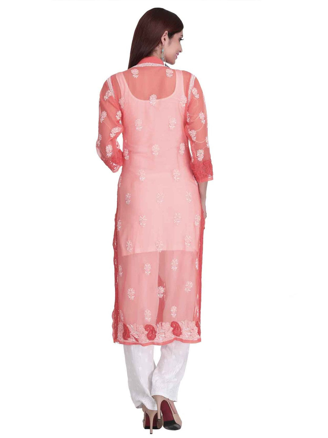 Ada Hand Embroidered Peach Georgette Lucknowi Chikankari Straight  Kurta A227272
