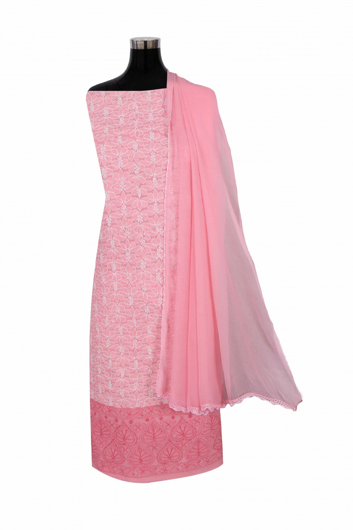 Ada Hand Embroidered Salmon Peach Cotton Lucknowi Chikankari Unstitched Suit Piece 01A189030