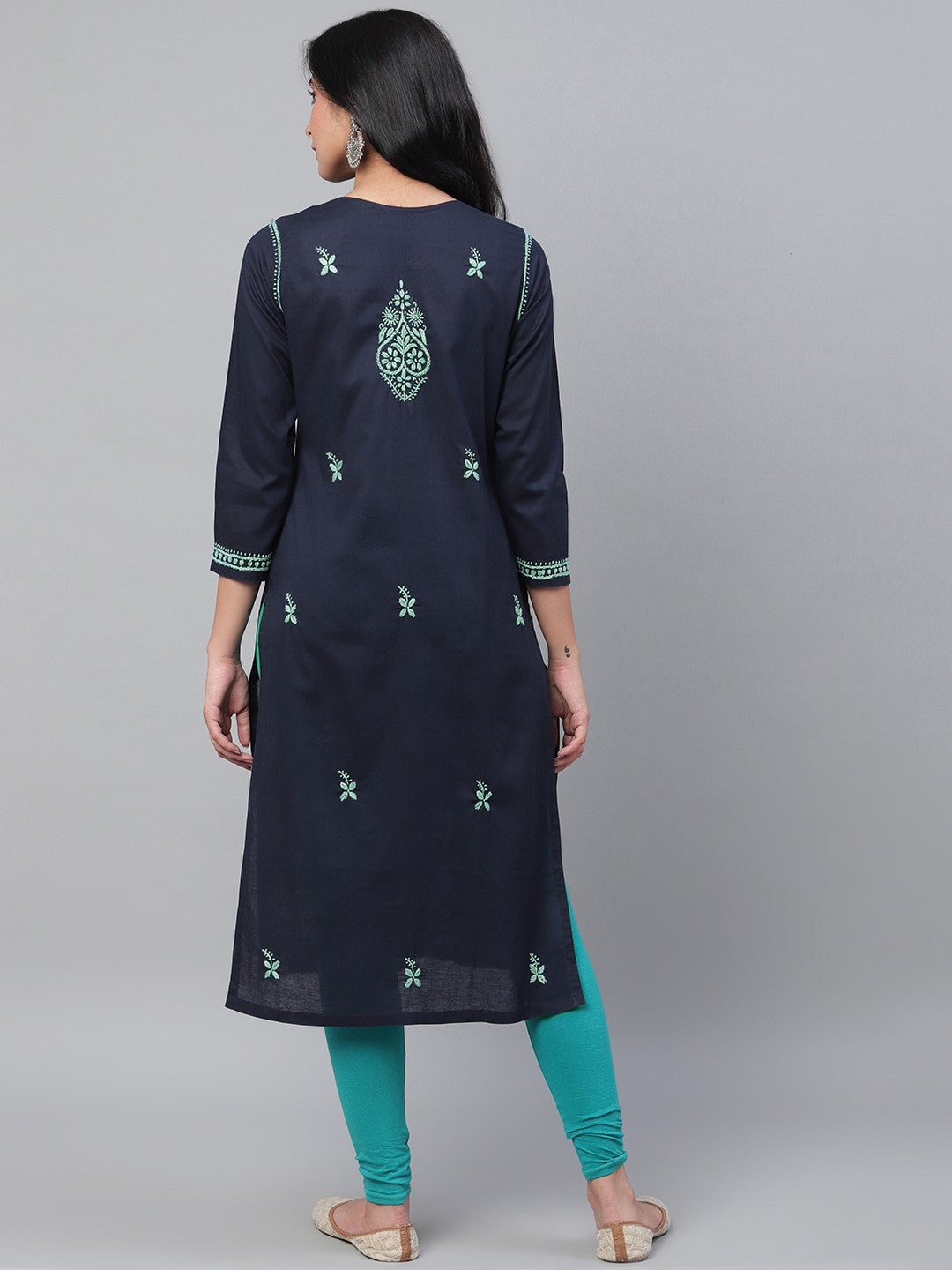 Ada Hand Embroidered Navy Blue Cotton Lucknowi Chikankari Straight Kurta A411119