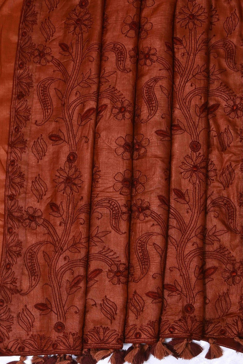 Ada Hand Embroidered Rust Tusser Silk Lucknowi Chikankari Saree With Blouse - A485266