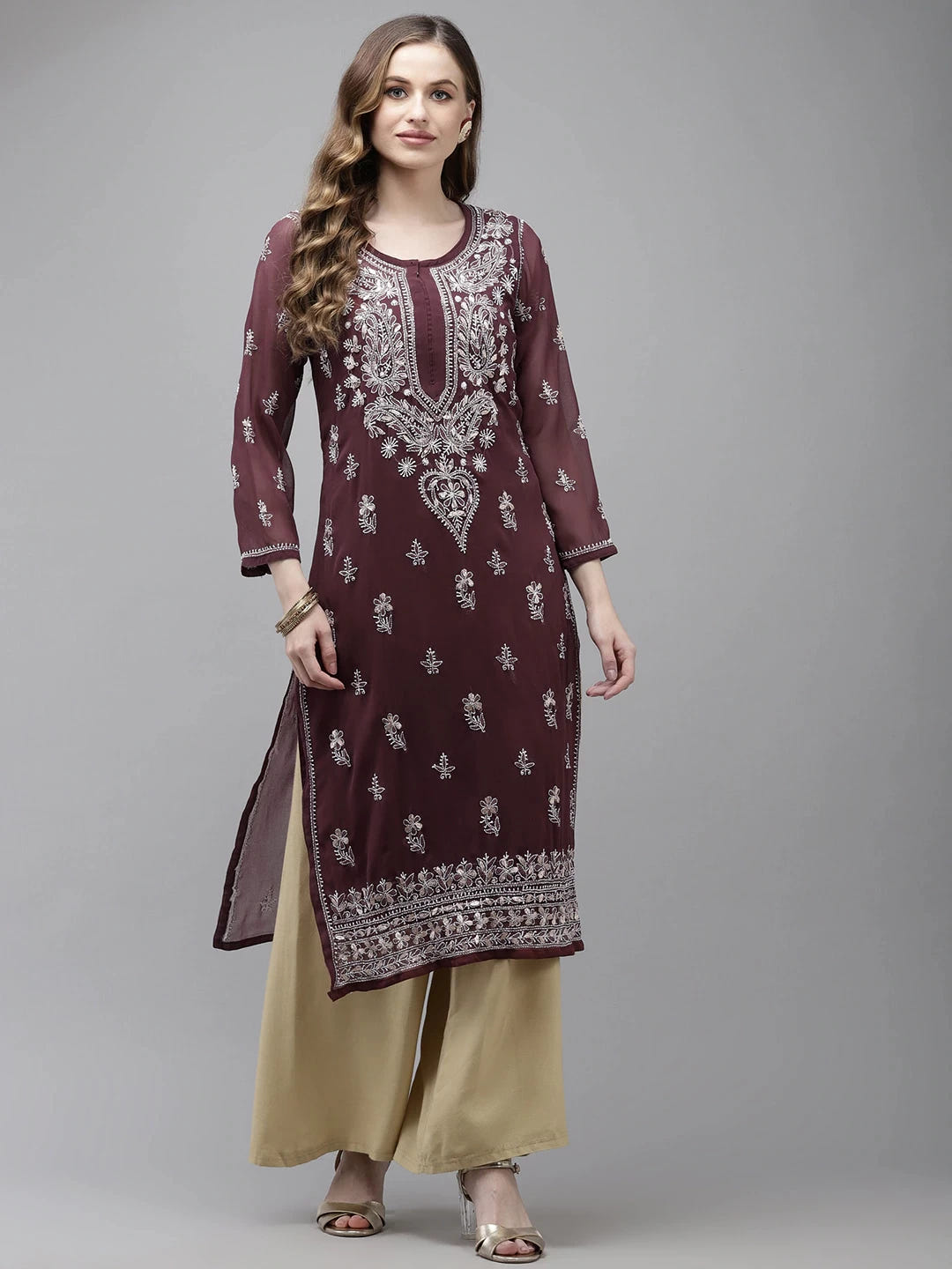 Ada Hand Embroidered Wine Georgette Lucknow Chikan Kurta/Slip with Gota Patti Work A411357