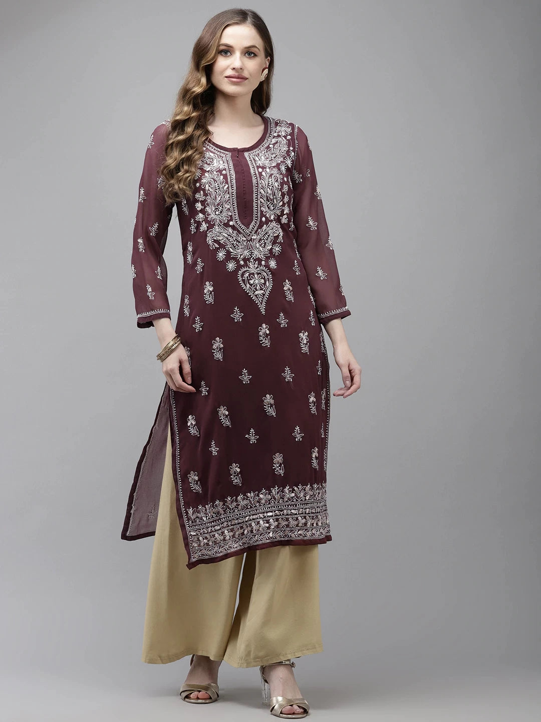 Ada Hand Embroidered Wine Georgette Lucknow Chikan Kurta/Slip with Gota Patti Work A411357
