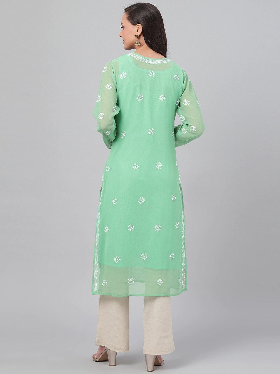Ada Hand Embroidered Green Georgette Lucknowi Chikankari Straight Kurta with Slip A229644