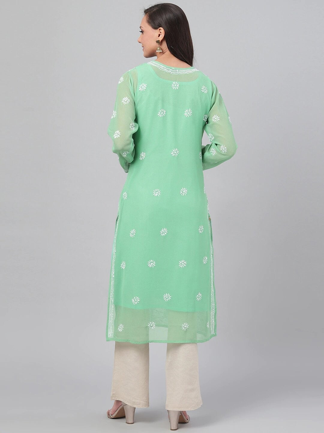 Ada Hand Embroidered Green Georgette Lucknowi Chikankari Straight Kurta with Slip A229644