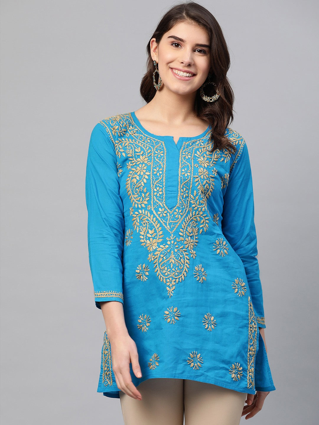 Ada Hand Embroidered Blue Cotton Lucknowi Chikankari Straight Kurti A250542