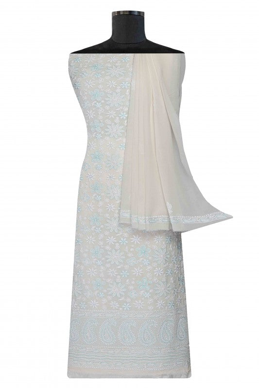 Ada Hand Embroidered Smoke White Pure Georgette Lucknowi Chikan Unstitched Kurta Dupatta–A609242