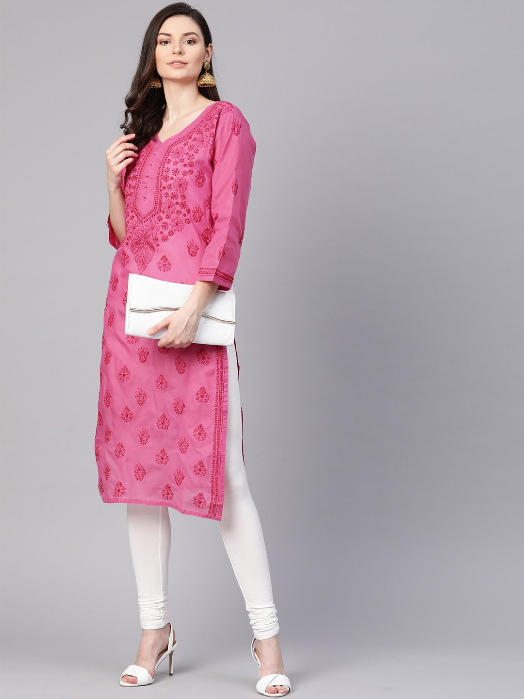 Ada Hand Embroidered Magenta Cotton Lucknowi Chikankari Straight Kurta A100364