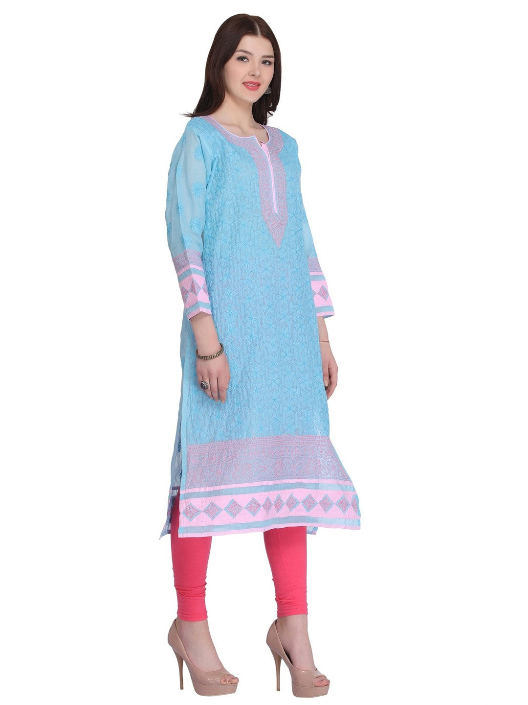Ada Hand Embroidered Blue Cotton Lucknow Chikan Straight Kurta- A285192