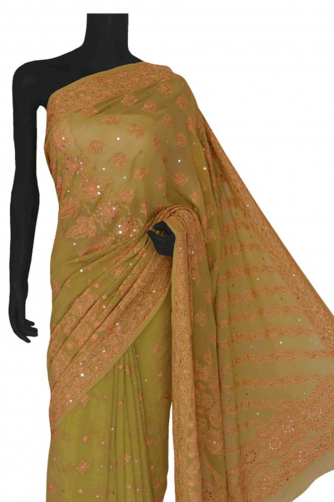 Ada Hand Embroidered Olive Green Pure Georgette Lucknowi Chikankari Saree/Blouse With Muqaish Work 01A59040