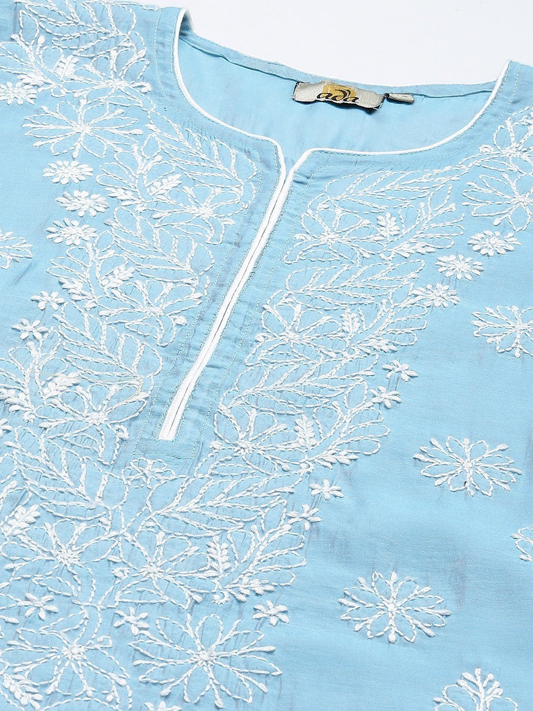 Ada Hand Embroidered Greyish Blue Chanderi Lucknowi Chikan Kurta A411343