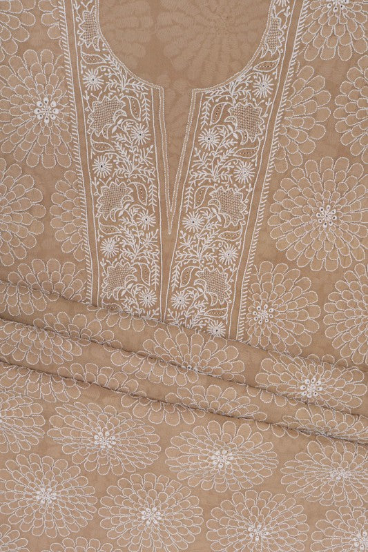 Ada Hand Embroidered Fawn Pure Georgette Lucknowi Chikan Unstitched Kurta Dupatta Set A489983