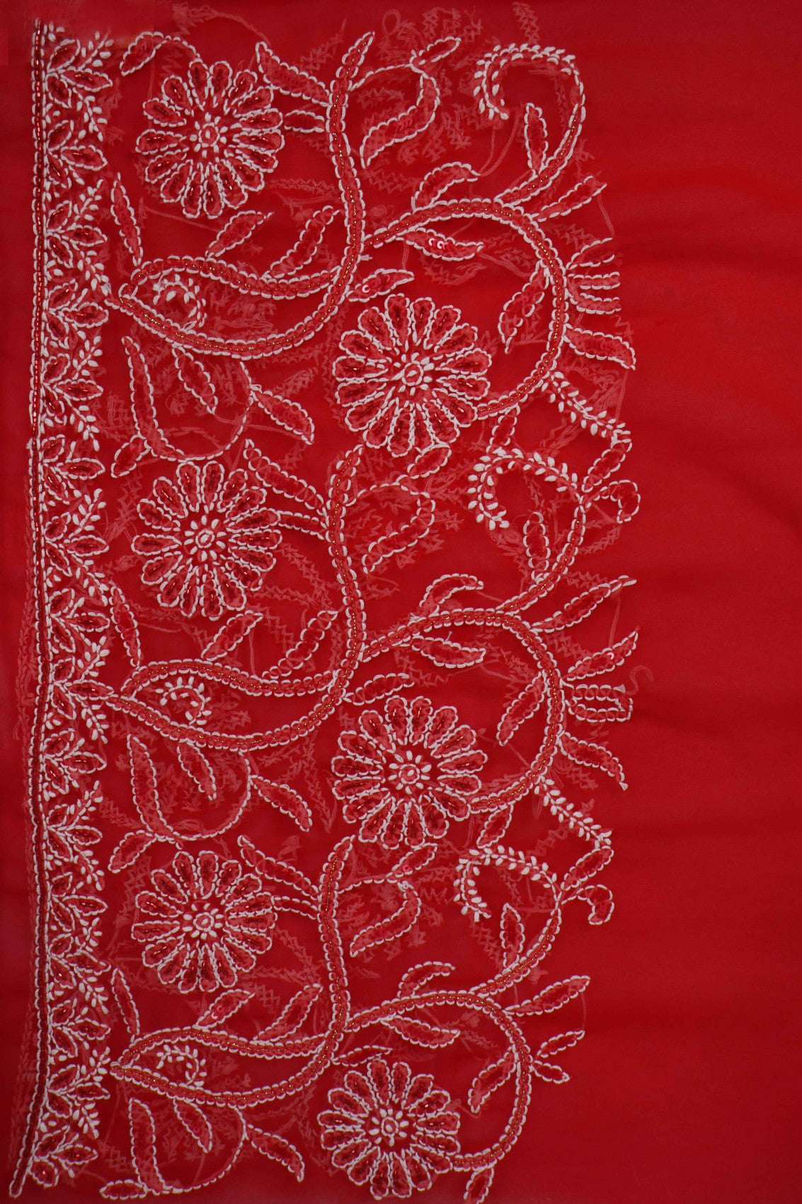 Ada Hand Embroidered Red Georgette Lucknowi Chikankari Saree/Blouse With Cutdana Work 01A204577