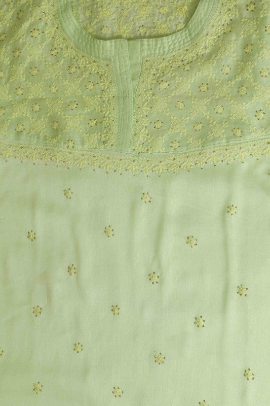 Ada Hand Embroidered Lime Green Chanderi Lucknowi Chikankari Semi-Stitched Anarkali Kurta Piece With Muqaish Work A571940
