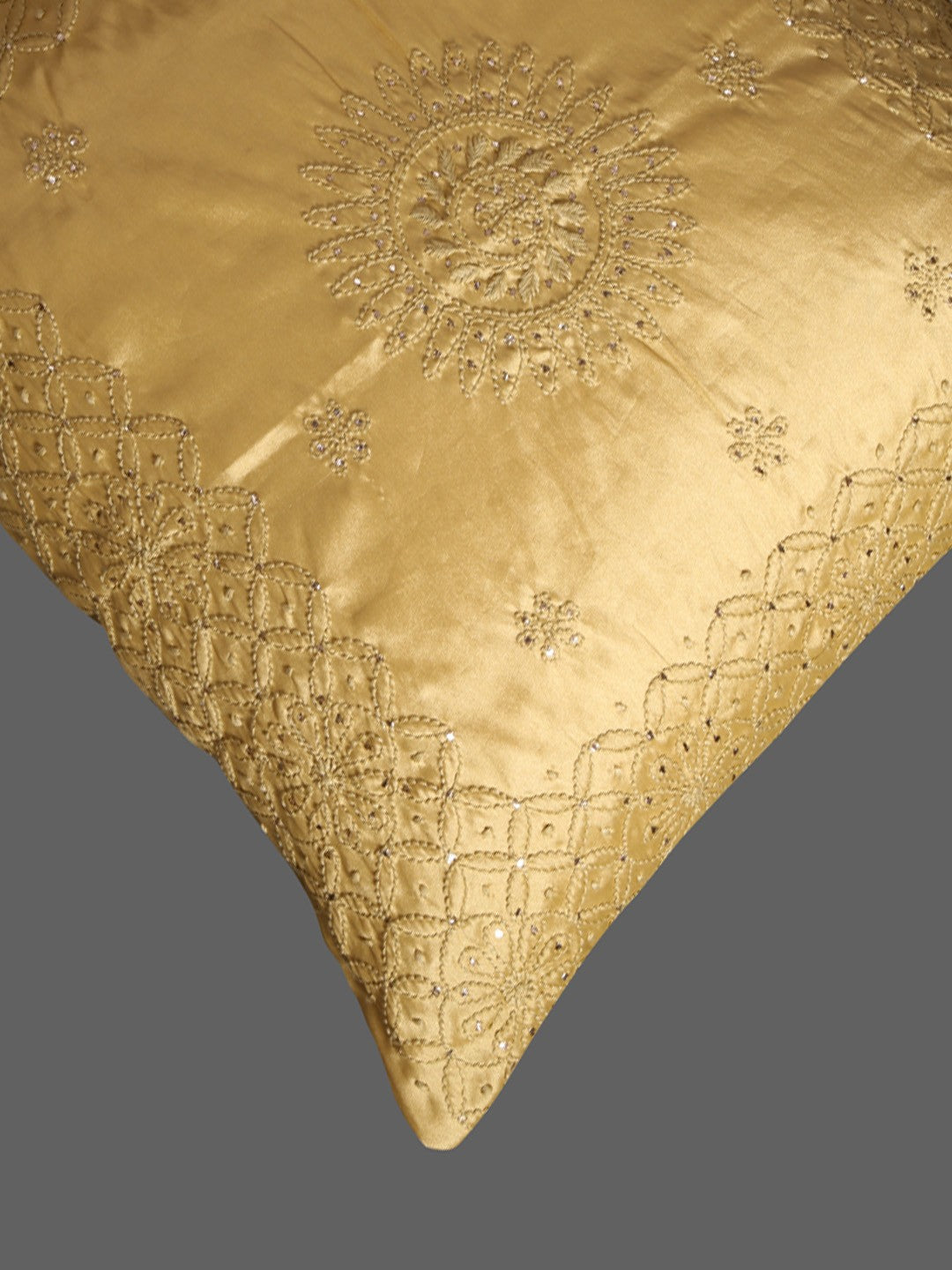 Ada Hand Embroidered Fawn Chanderi Lucknow Chikankari Cushion Cover with Muqaish Work 01A134565