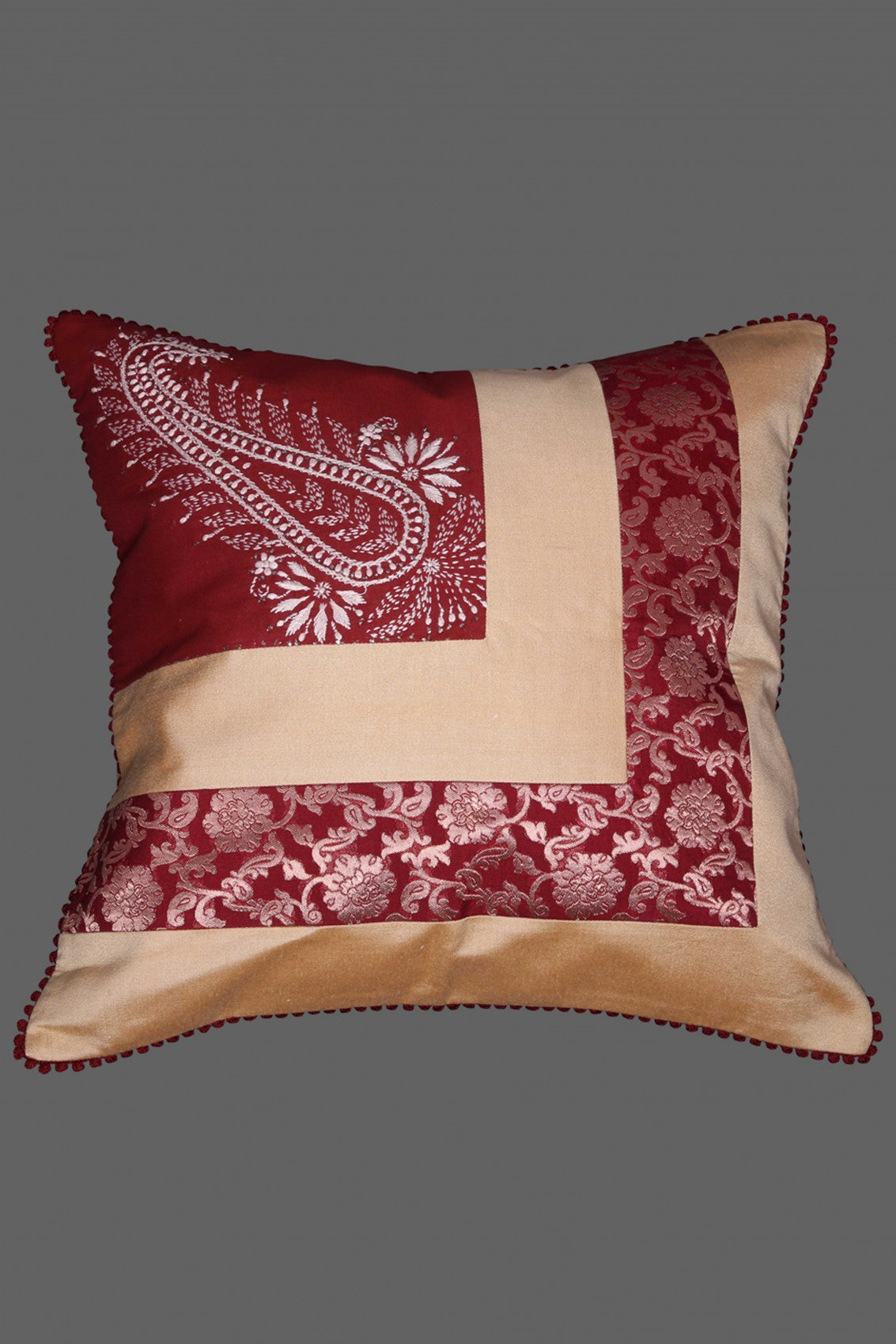 Ada Hand Embroidered Floral Printed Fawn Silk Lucknowi Chikankari Cushion Cover With Muqaish Work 01A190355