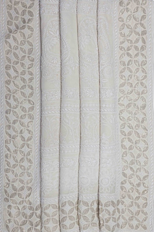 Ada Hand Embroidered Dove White Pure Georgette Lucknowi Chikankari Saree with Blouse A585834