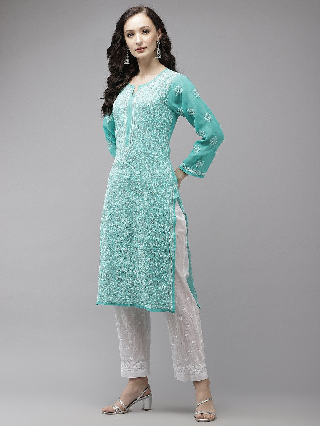 Ada Hand Embroidered Sea Green Georgette Lucknowi Chikankari Kurta Set A811215