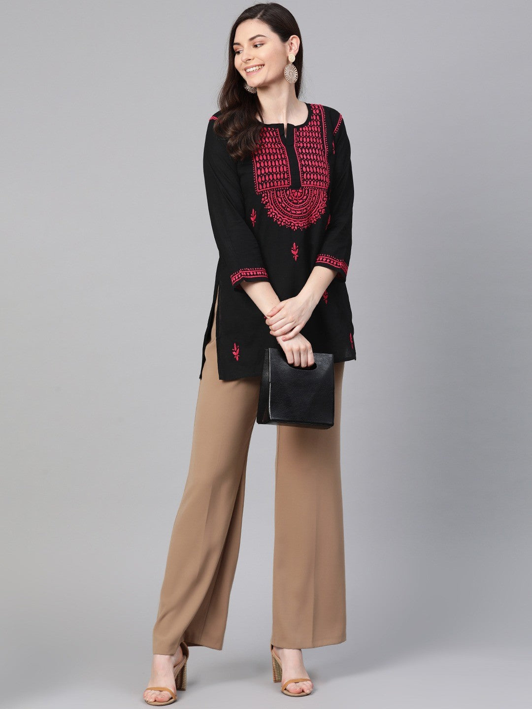 Ada Hand Embroidered Black Cotton Lucknowi Chikankari Straight Kurti A100387