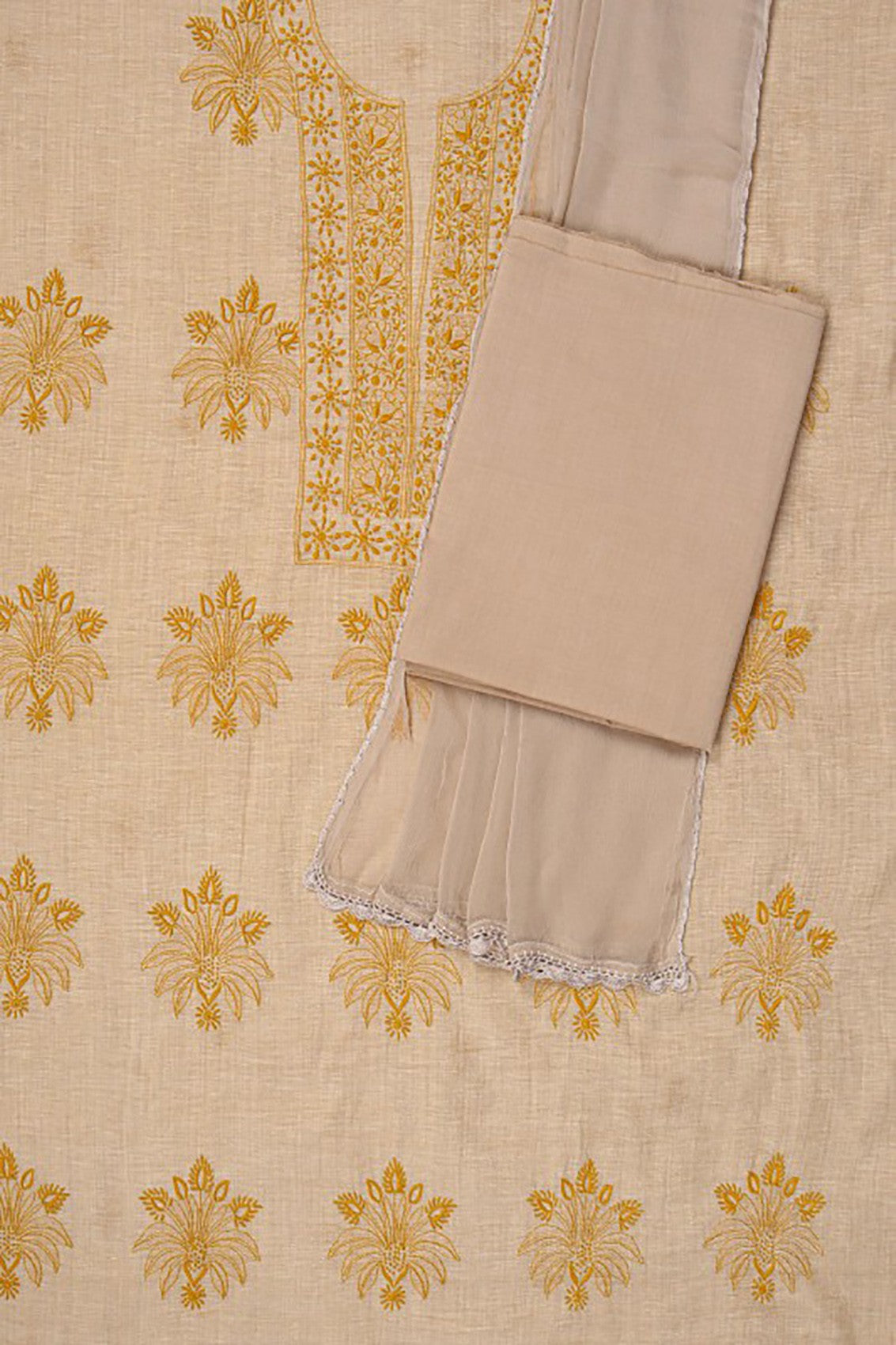 Ada Hand Embroidered Fawn Khadi Lucknowi Chikankari Unstitched Suit Piece 01A67186