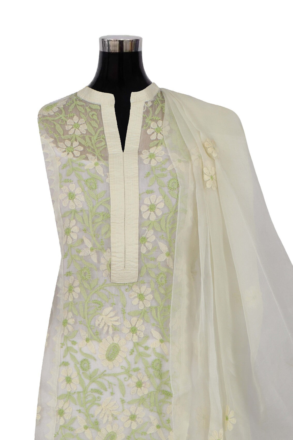 Ada Hand Embroidered Light Yellow Organza Lucknowi Chikankari Semi-stitched Kurta Dupatta Set A588002