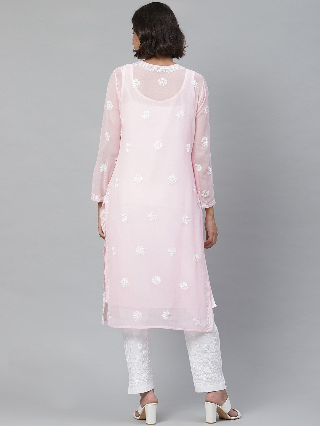 Ada Hand Embroidered Pink and White Georgette Lucknowi Chikankari Kurta Set with Slip A811121