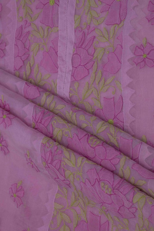 Ada Hand Embroidered Mauve Organza Lucknowi Chikan Unstitched Kurta Dupatta Set A587994