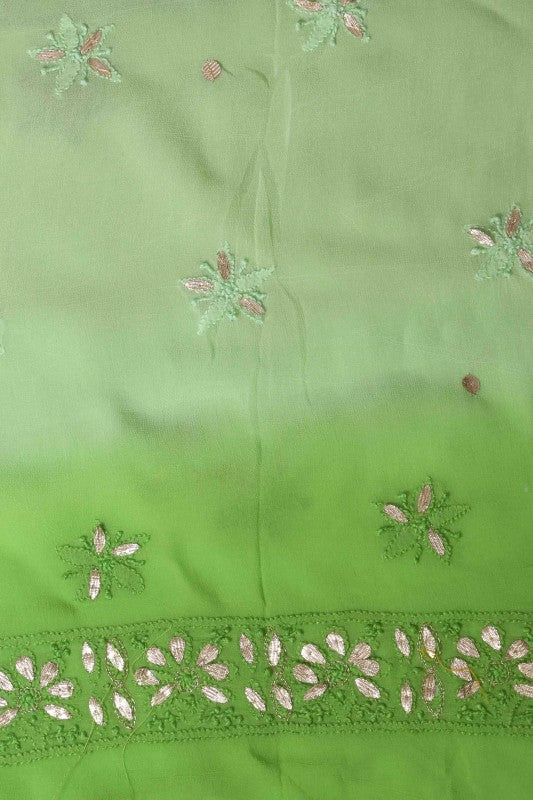 Ada Hand Embroidered Parrot Green Shaded Georgette Lucknowi Chikan Unstitched Kurta Dupatta Set with Gota Patti Work A480891