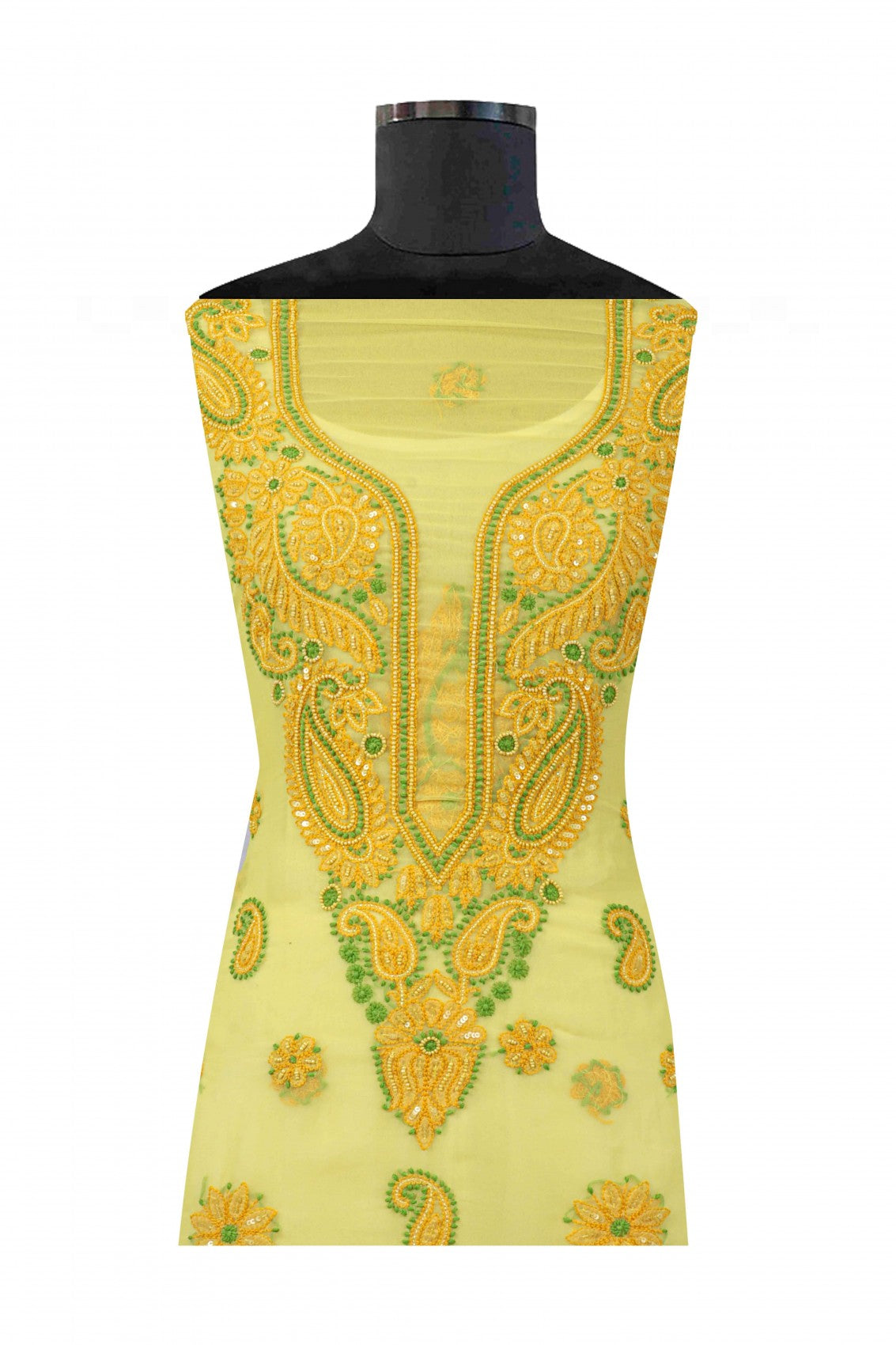 Ada Hand Embroidered Yellow Georgette Lucknowi Chikankari Unstitched Suit Piece With Pearl Work 01A41449