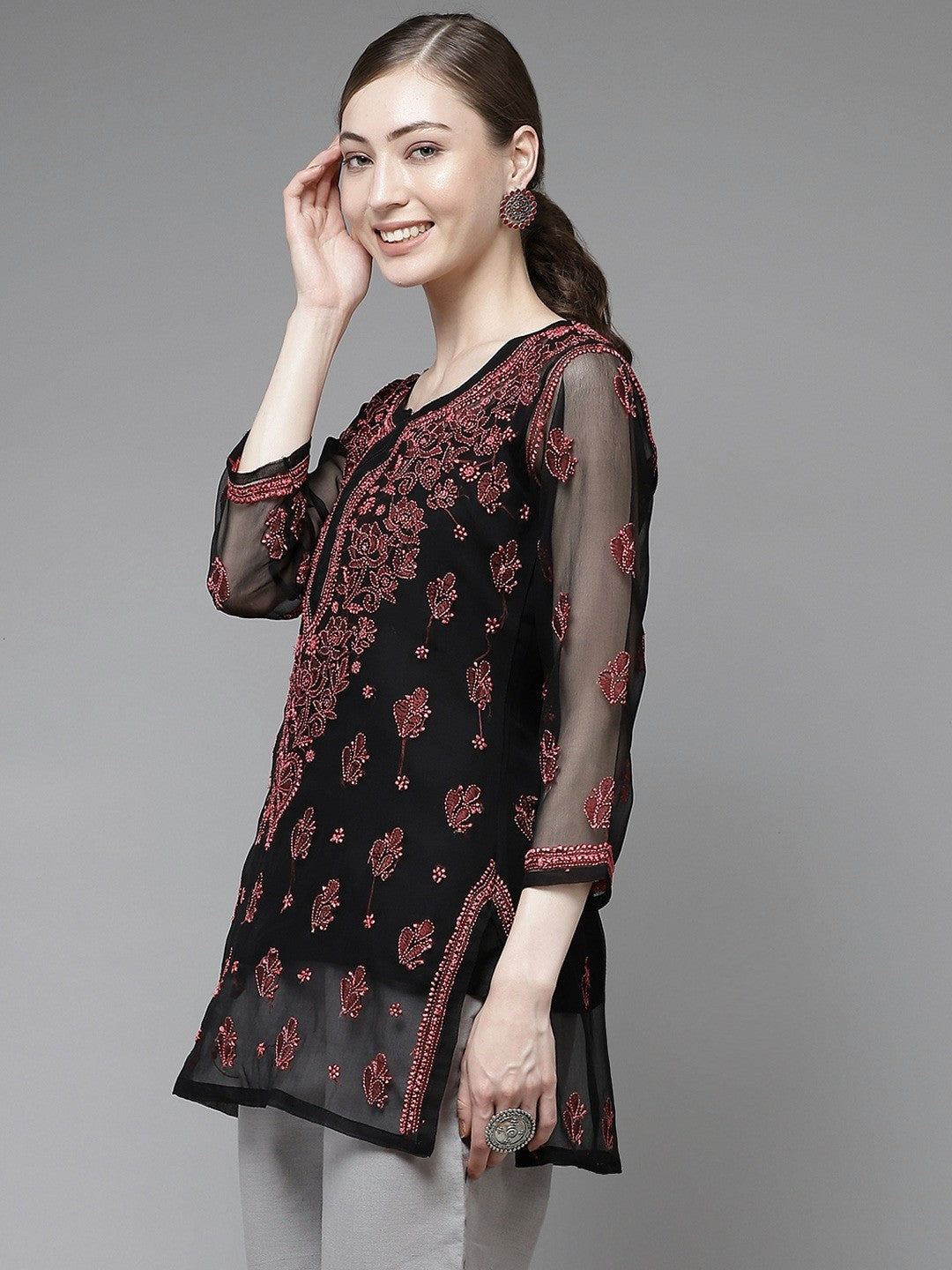 Ada Hand Embroidered Black Georgette Lucknow Chikan Kurti With slip-A911134