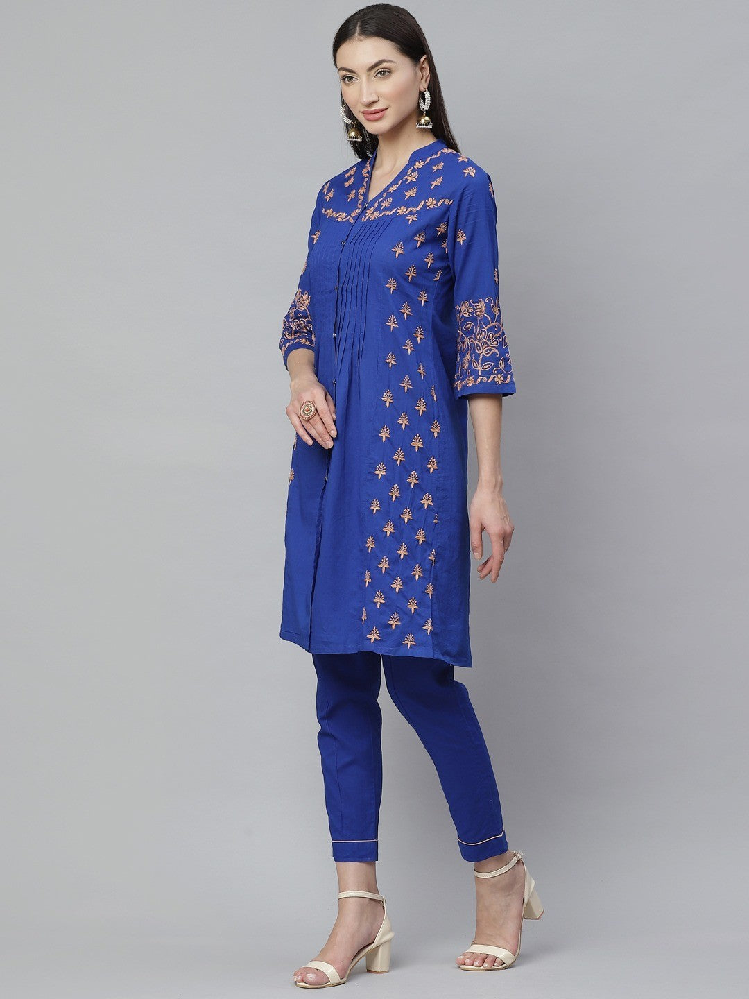 Ada Hand Embroidered Royal Blue Cotton Lucknowi Chikankari Straight Kurta with Trouser Set A811133