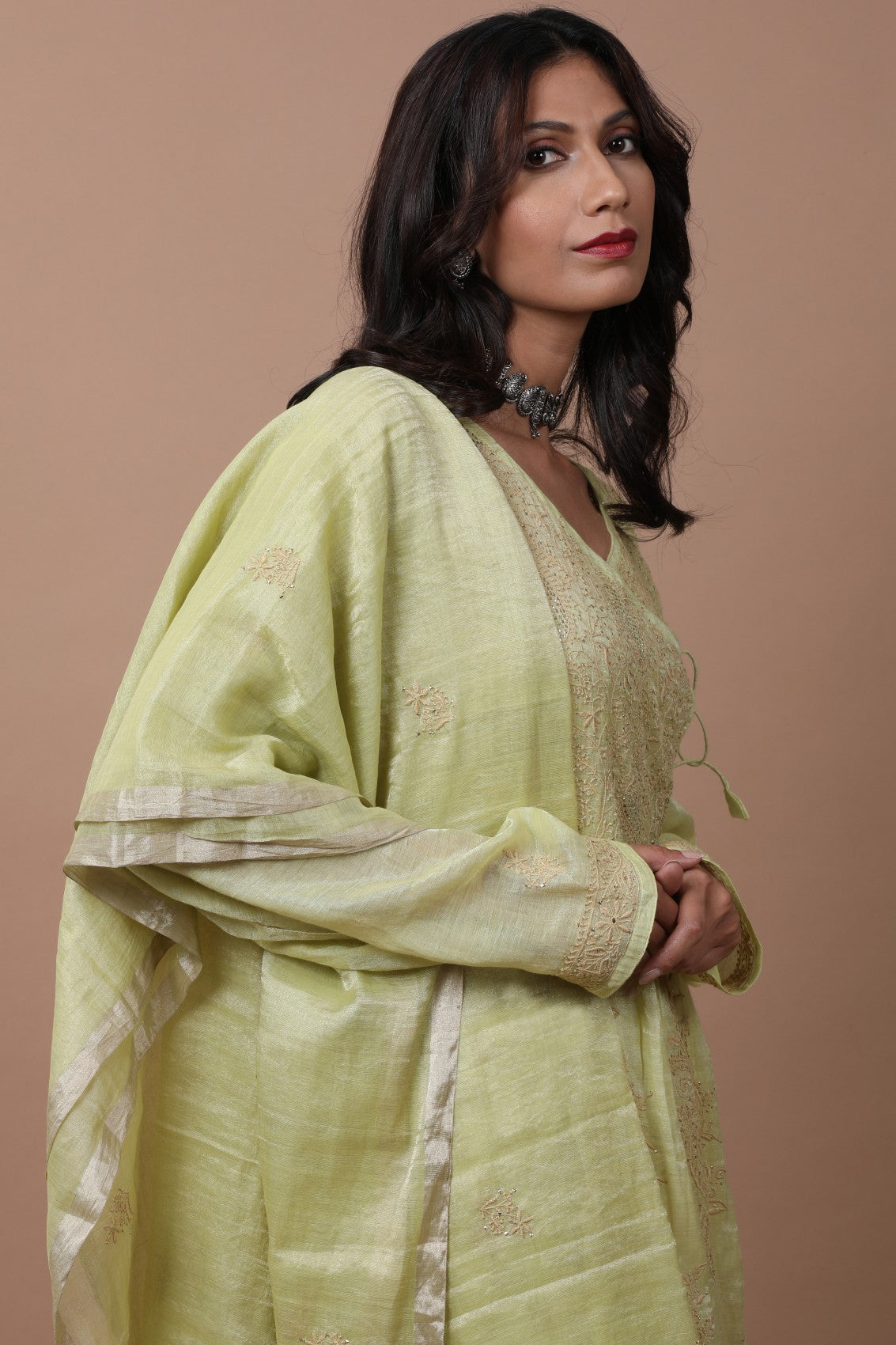 Ada Hand Embroidered Lime Green Tissue Lucknowi Chikankari Semi-stitched Kurta Dupatta Set With Muqaish Work 01A238364