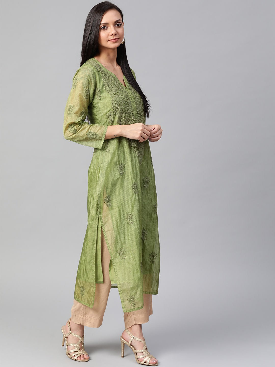Ada Hand Embroidered Green Kota Lucknowi Chikan Straight Kurta Slip With Muqaish Work- A100485