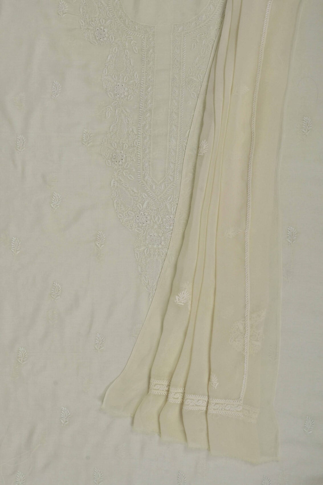 Ada Hand Embroidered Lemon Cotton Lucknowi Chikankari Unstitched Kurta Dupatta Set A174761
