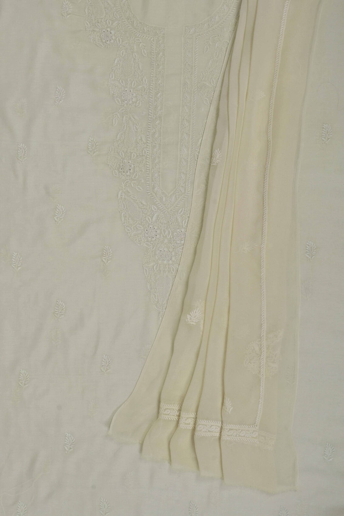 Ada Hand Embroidered Lemon Cotton Lucknowi Chikankari Unstitched Kurta Dupatta Set A174761