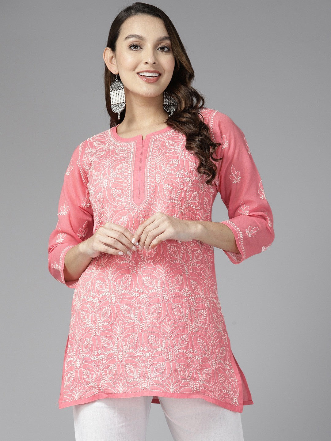 Ada Hand Embroidered Carrot Pink Cotton Lucknowi Chikankari Straight Kurti A911281