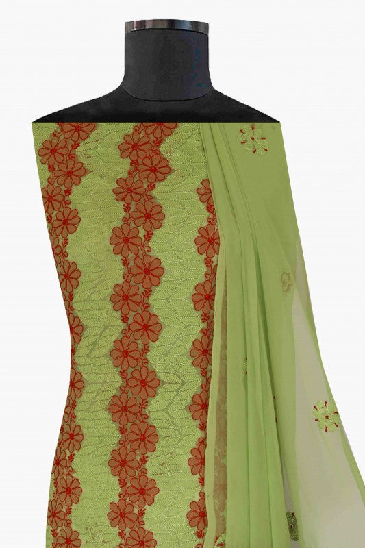 Ada Hand Embroidered Olive Green Georgette Lucknowi Chikan Unstitched Suit Piece A505747