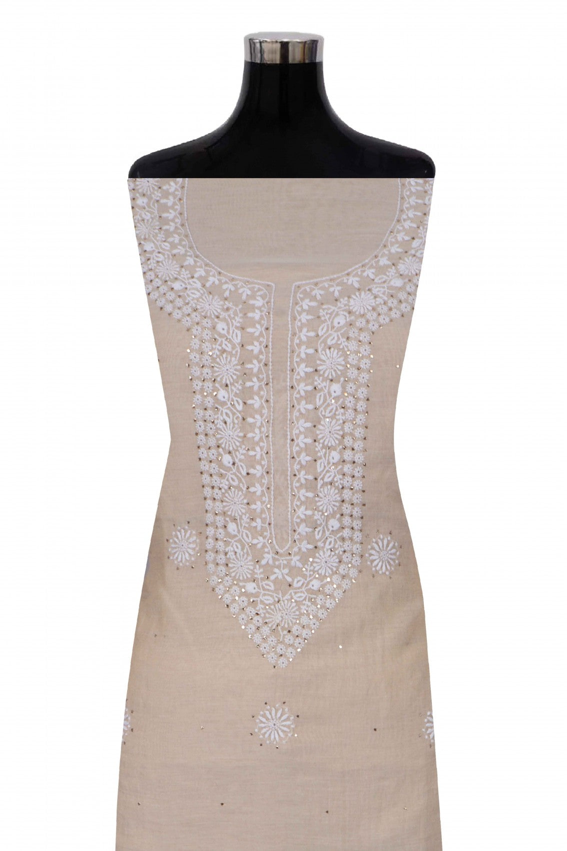 Ada Hand Embroidered Natural Fawn Tissue Lucknowi Chikankari Unstitched Kurta Dupatta Set With Muqaish Work 01A196056