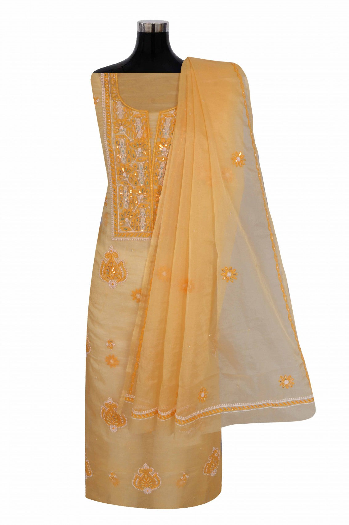 Ada Hand Embroidered Tangerine Orange Organza Lucknowi Chikankari Unstitched Kurta Dupatta Set With Sequinned Work 01A133669