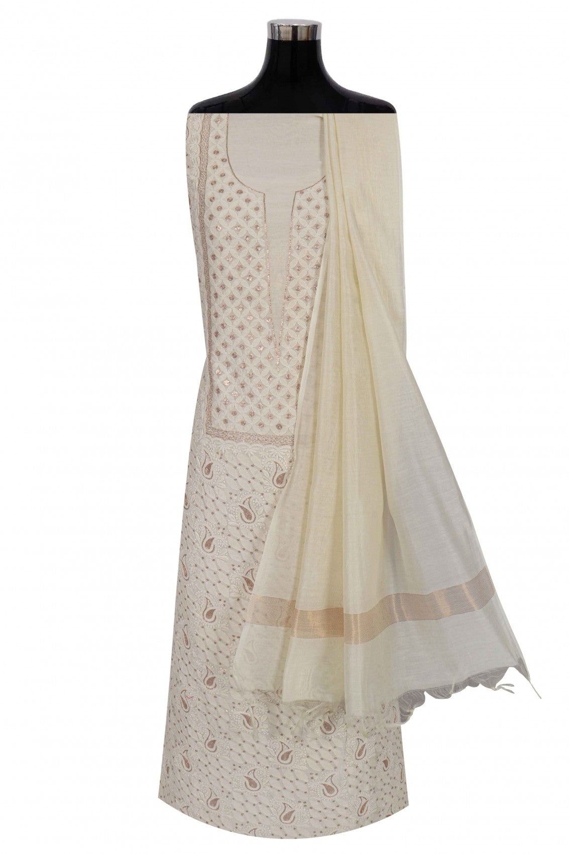 Ada Hand Embroidered Cream Chanderi Lucknowi Chikankari Unstitched Kurta Dupatta Set With Zari Work 01A105826