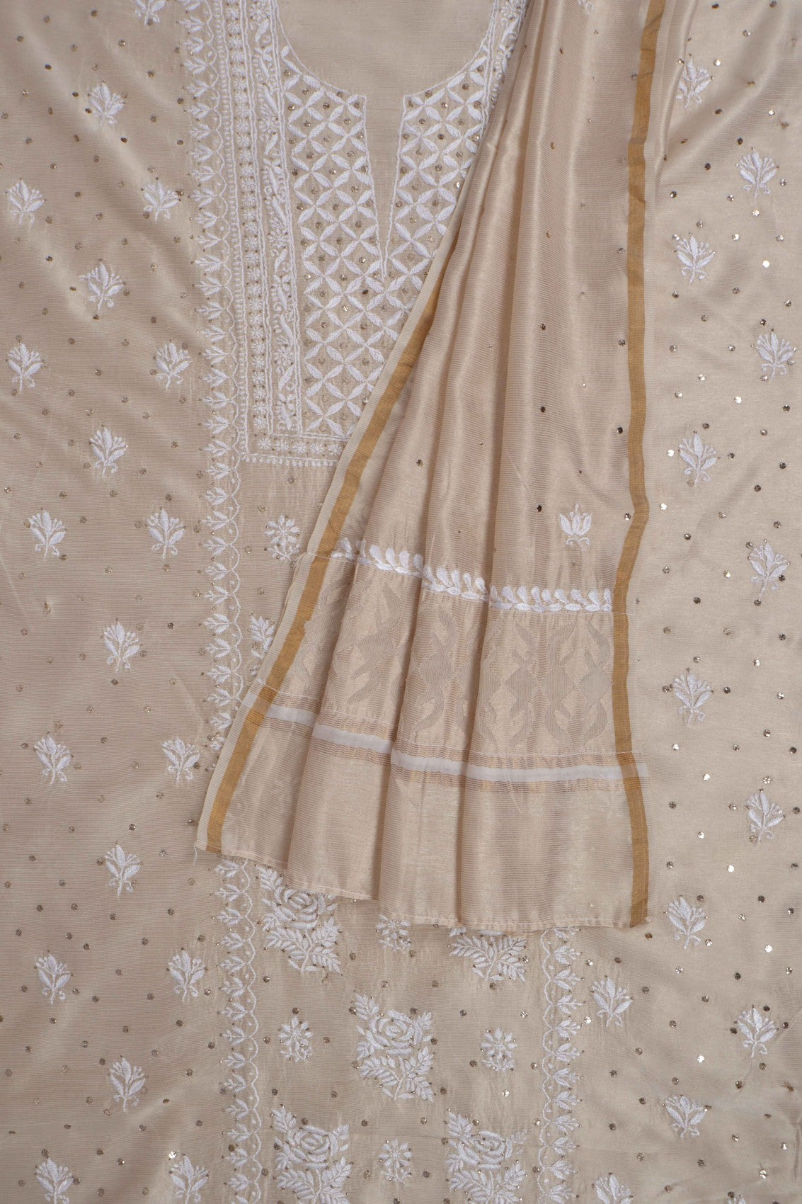 Ada Hand Embroidered Fawn Silk Lucknowi Chikankari Unstitched Kurta Dupatta Set With Muqaish Work 01A243066