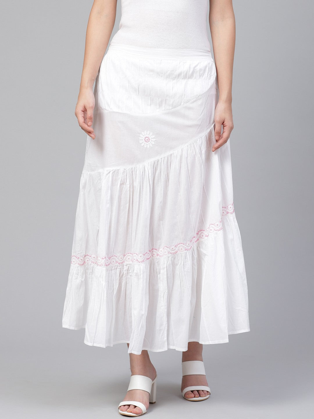 Ada Hand Embroidered White And Pink Cotton Lucknow Chikan Skirt A100312
