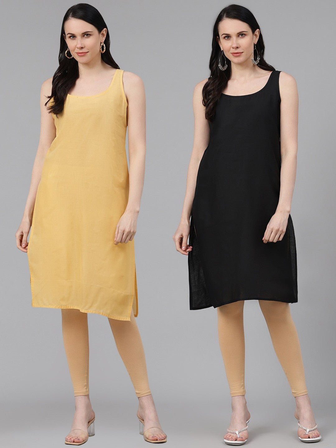 Ada Dark Fawn and Black Cotton Long Slips Combo of 2 A111128.