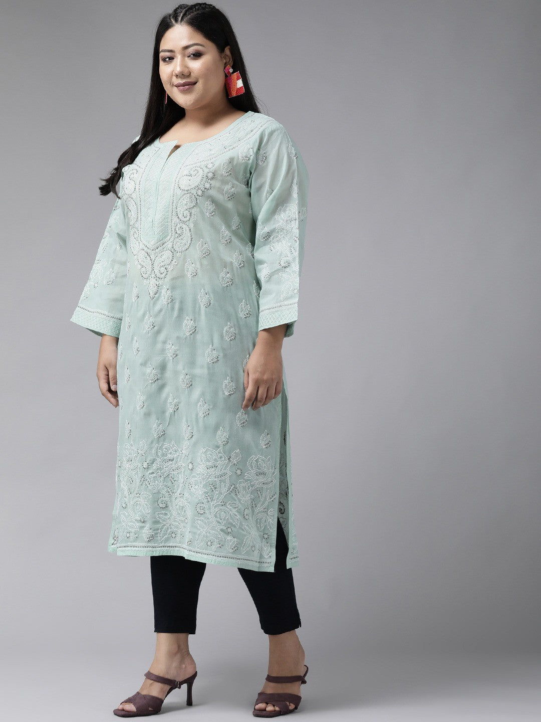 Ada Hand Embroidered Grey Cotton Lucknowi Chikankari Straight Kurta A230001