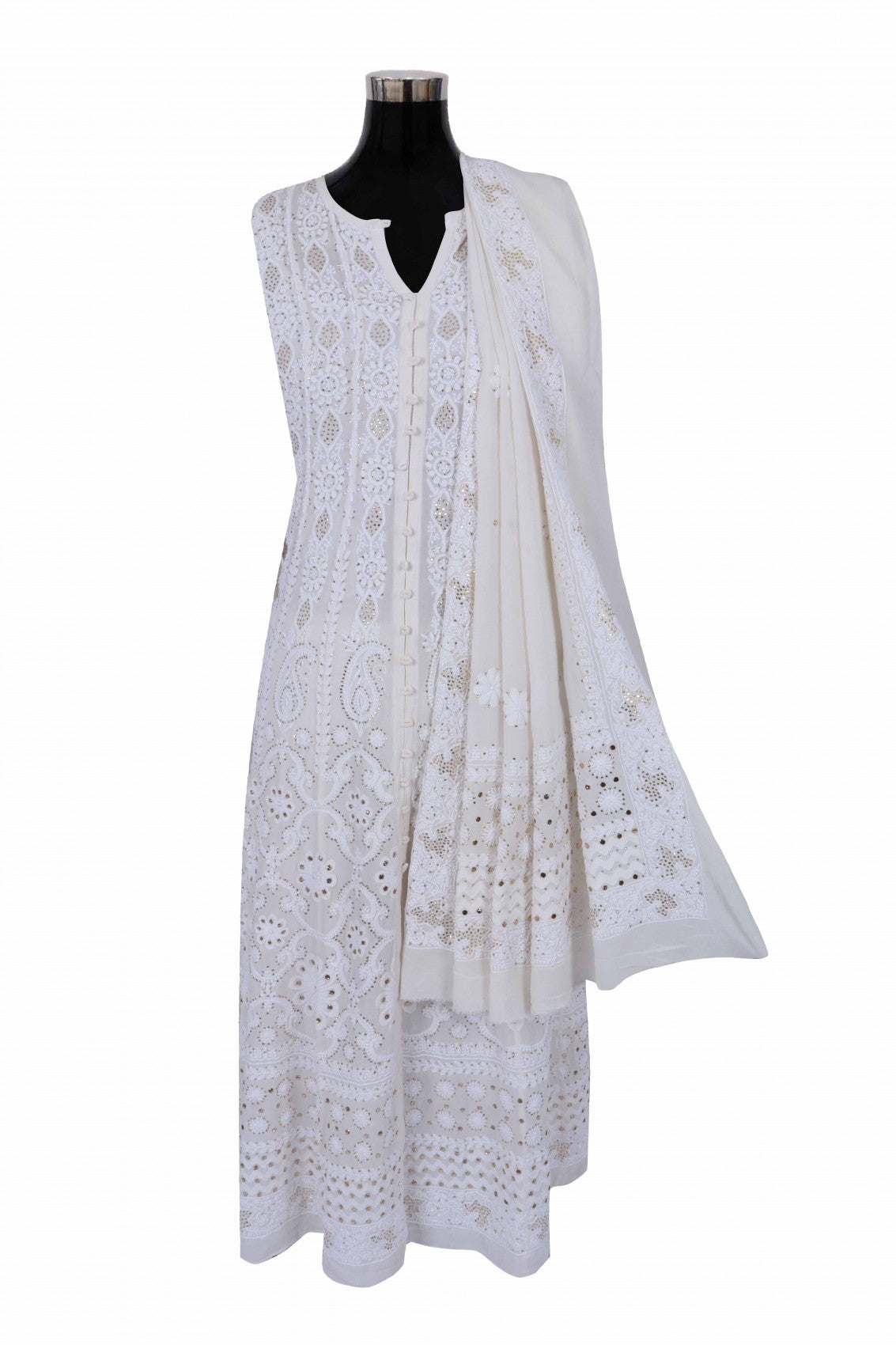Ada Hand Embroidered Off White Pure Georgette Lucknowi Chikankari Semi-Stitched Anarkali Kurta Dupatta Set With Muqaish Work 01A132506