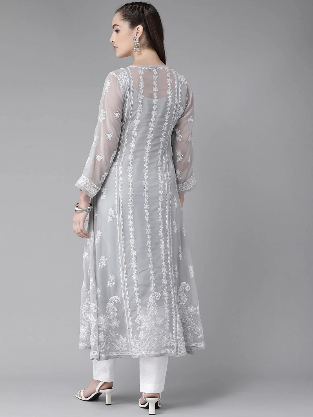 Ada Hand Embroidered Grey Georgette Lucknow Chikankari Angarkha Kurta With Slip -A411262